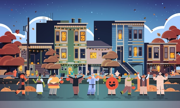 Premium Vector | People wearing different monsters costumes walking in town  tricks and treat happy halloween party celebration concept city street  buildings exterior cityscape