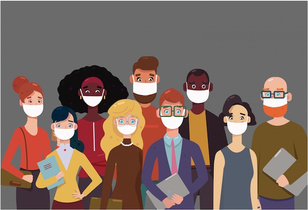 フェイスマスク、大気汚染、汚染された空気、世界の汚染を身に着けている人々。モダンなフラットイラスト。病気、インフルエンザ、防毒マスクを防ぐために医療用マスクを着ている同僚のグループ。