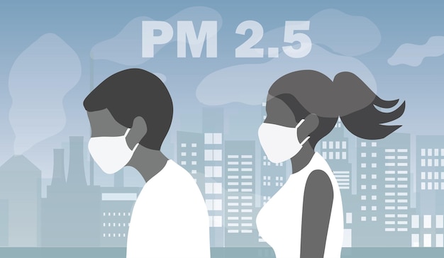 도시의 Pm 25 연기 먼지와 대기 오염을 보호하기 위해 얼굴 마스크를 착용하는 사람들