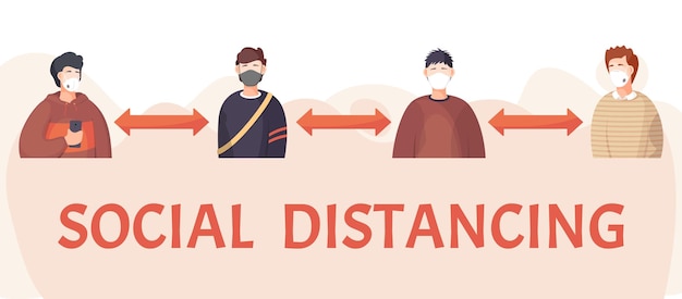Vettore le persone che indossano maschere mediche facciali e aderiscono alla distanza sociale covid19 distanza sociale