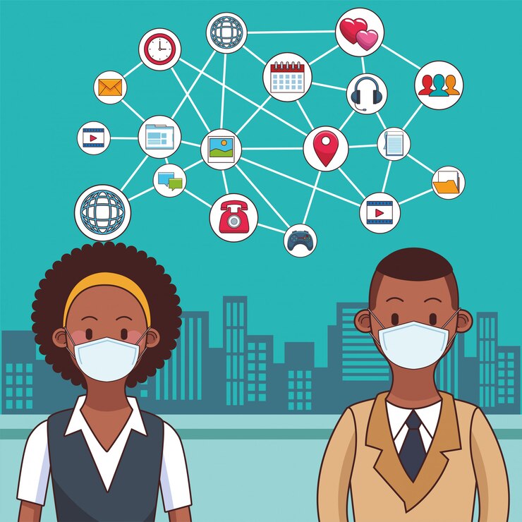 Vector people wearing medical mask and technology for stay connected