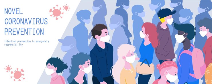 Vector 붐비는 장소에서 보호 마스크를 착용하는 사람들은 평평한 스타일의 covid19 예방 배너 디자인