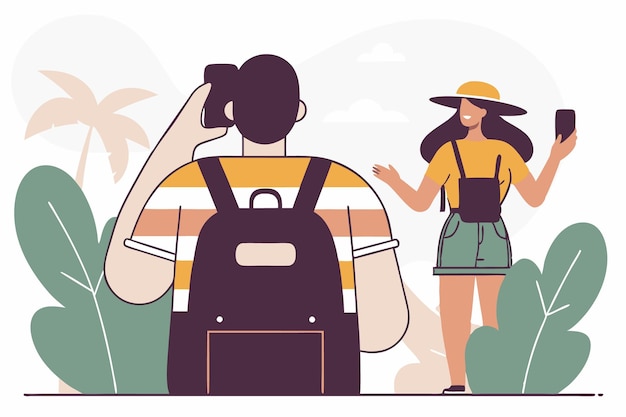 people wearing summer outfit panama back view tourist with backpack with lgbt non binary patches standing young woman in bucket hat walking flat isolated vector illustration on white background