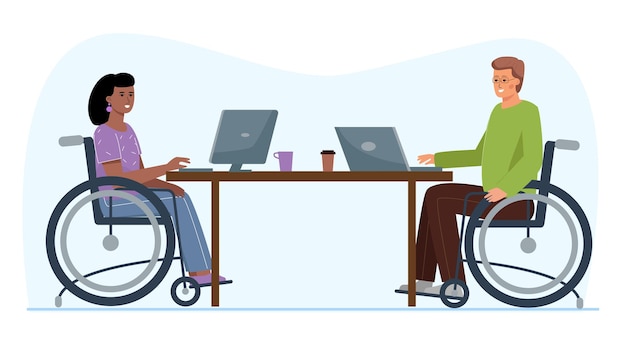 Vector people in wheelchairs work in the office