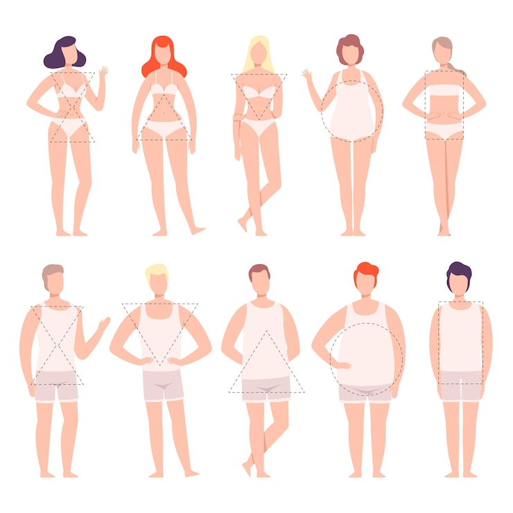 Vector 색 속옷을 입은 사람들은 남성과 여성의 다섯 가지 유형의 몸 모양을 설정합니다. 모래시계 역삼각형