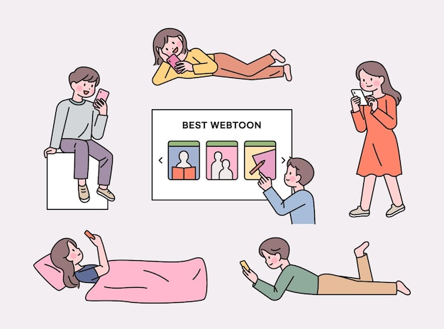 Vector people who read webtoons on mobile people standing walking lying down lying down sitting and looking at their phones