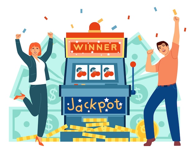 Vector people winning on gambling machine. jackpot celebrating with falling golden coin isolated on white background