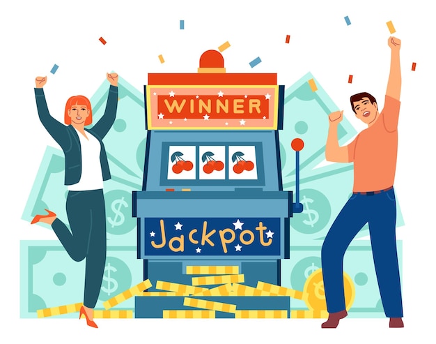 Persone che vincono su una macchina da gioco. jackpot che celebra con la moneta d'oro che cade isolata su sfondo bianco