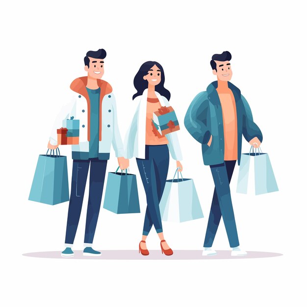 Vector people in winter clothes holding shopping bags