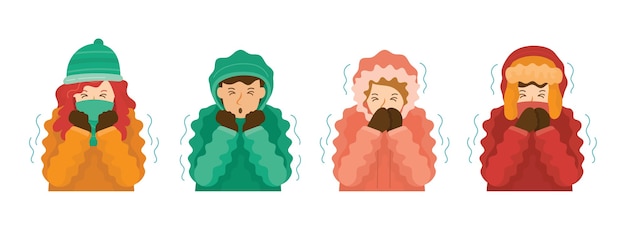 Vector people in winter clothes  shivering by cold weather