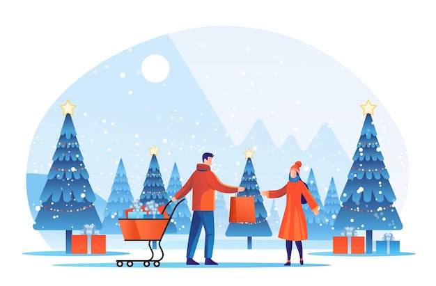 Vector people in winter clothes walking outdoor with shopping bags season big sale special offer promotion discount landscape background