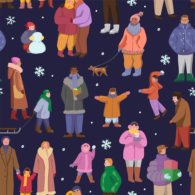 Vector people in winter outerwear in outdoors. different walking men, women, children, couple. vector seamless pattern. winter time ornament cartoon style. for holiday design, background, wallpaper, textile.