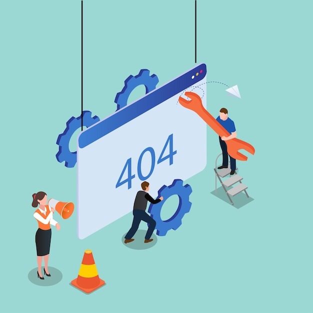 Vector people with 404 error page 3d isometric