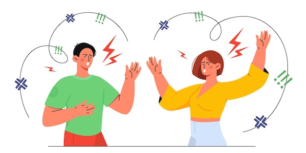 People with aggression abuse concept Conflict beteween man and woman Unhappy family and young couple with miscommunication Mental health and psychology Cartoon flat vector illustration