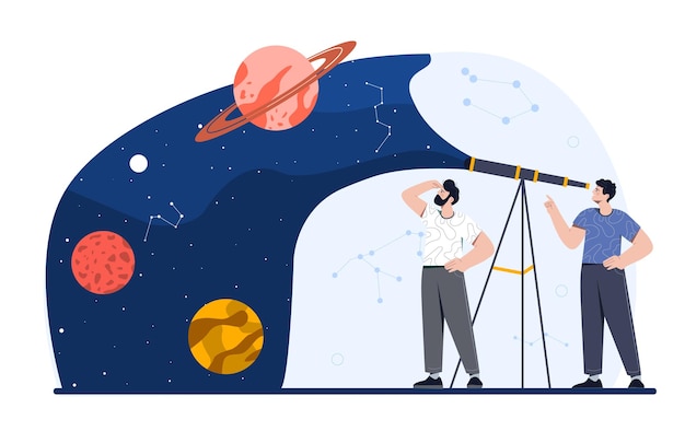 Vector people with astronomy concept men with exploring galaxies and universes stars and planets astrologers look at night sky through telescope scientific experiment cartoon flat vector illustration