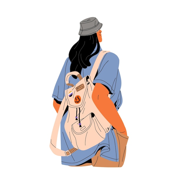 People with backpack Young woman wearing panama bag with patches in summer travel casual style Tourist walk in city in bucket hat back view Flat isolated vector illustration on white background