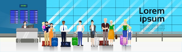 Vector people with baggage standing in line to counter in airport for check in horizontal banner template