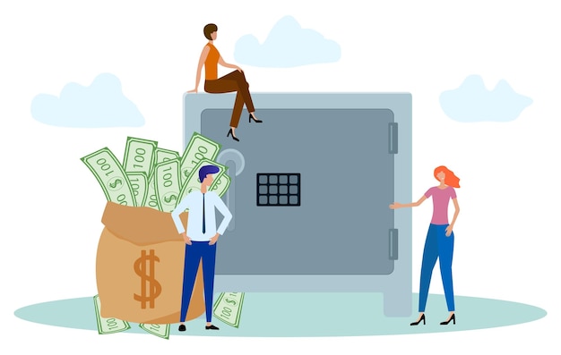 Vector people with a bank safe and a bag of money the c oncept o f m oney safety flat vector illustration