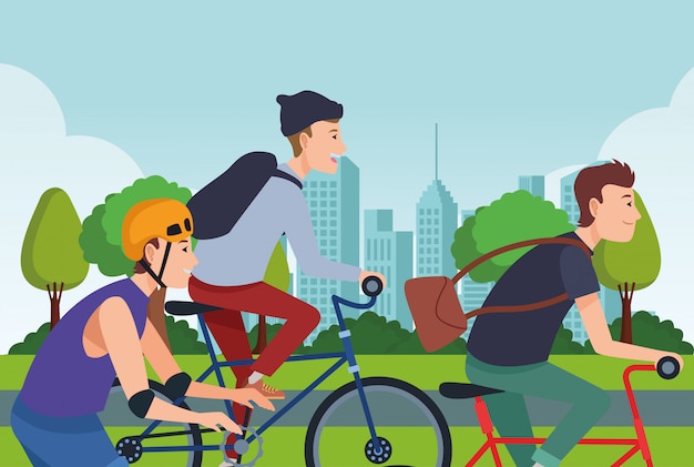 people with bikes and skates