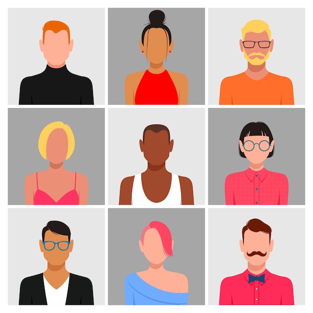 People with blank faces avatar set Different skin color hair and clothes