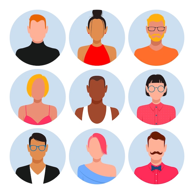 People with blank faces avatar set Different skin color hair and clothes