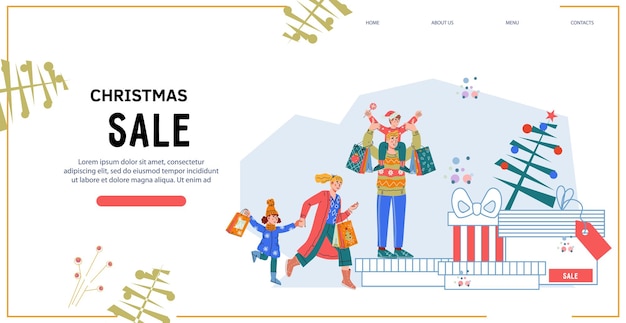 People with christmas gifts banner for sale advert and holiday market flat vector