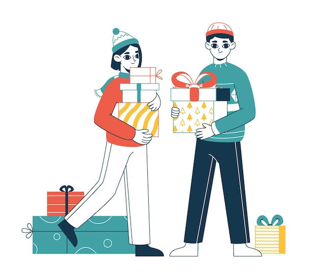 People with Christmas gifts Man and woman carrying xmas gifts boxes winter holidays gifts flat vector illustration Happy couple with presents