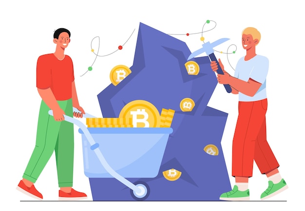 People with cryptocurrency mining concept Men with cart and pickaxe extract gold coins Bitcoin and litecoin blockchain technology Trading and investing Cartoon flat vector illustration