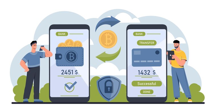 Vector people with currency transfer concept men near smartphone screens with wallet and bank card payments and transfers electronic money investing and trading cartoon flat vector illustration