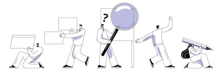 Vector 다른 요소와 돋보기를 가진 사람들.
