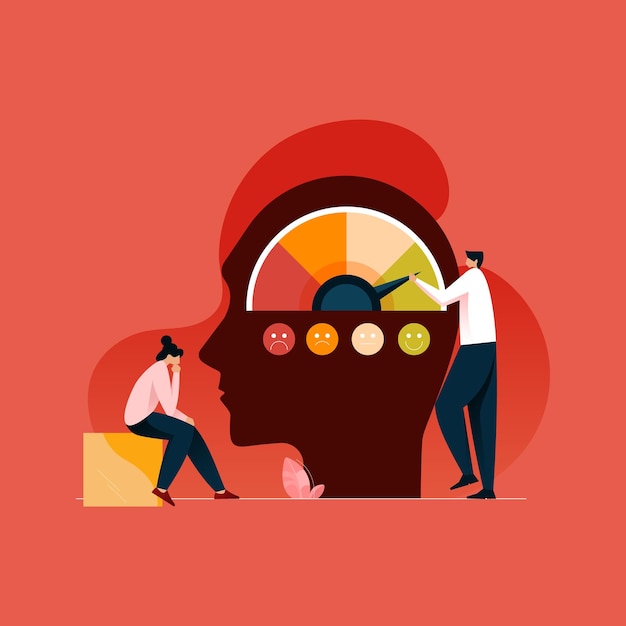 Vector people with different emotion, stress level, business team using stress scale increase productivity