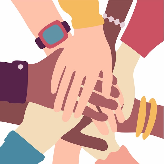 Vector people with different skin colors putting their hands together on white background flat vector art