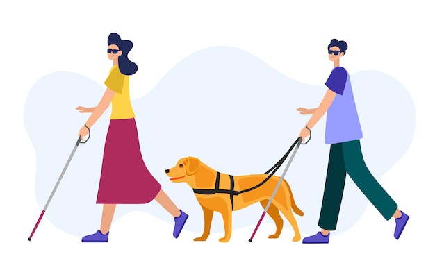 Vector people with disabilities in a cartoon style a blind woman and a blind man with a walking stick