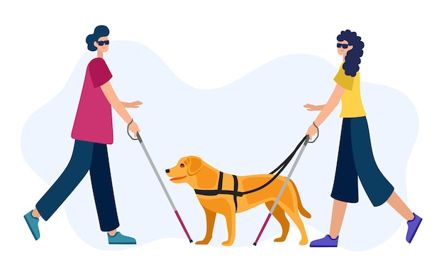 People with disabilities in a cartoon style a blind woman and a blind man with a walking stick