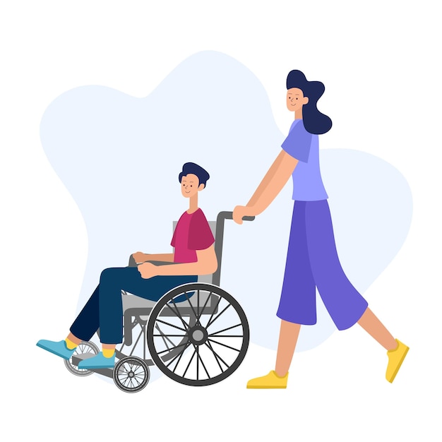 Persone con disabilità in stile cartone animato un uomo disabile su sedia a rotelle con una donna di accompagnamento
