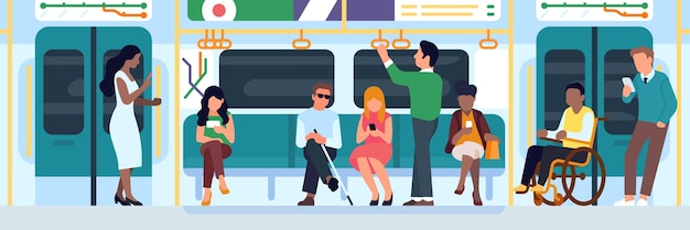 People with disabilities on subway train underground carriage paralyzed and blind persons in metro transport inclusion equal accessibility handicapped transportation vector concept