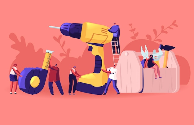 Vector people with diy tools. architect or engineer workers male and female characters holding huge instruments for home renovation works. cartoon flat illustration