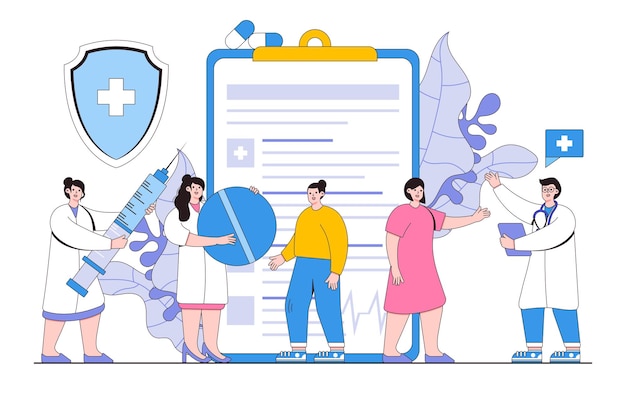 people with doctor advertising health insurance insurance broker offer coverage of life modern flat style illustration for healthcare medical service protection and security concept