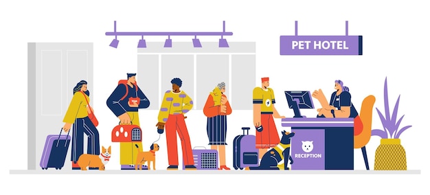 Vector people with dogs and cats stand in line at reception in pet hotel flat style