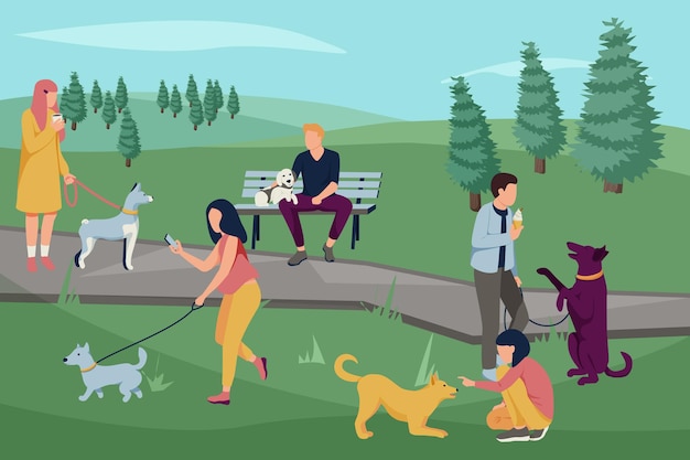 Vector people with dogs flat composition with park outdoor landscape with trees and people walking their dogs