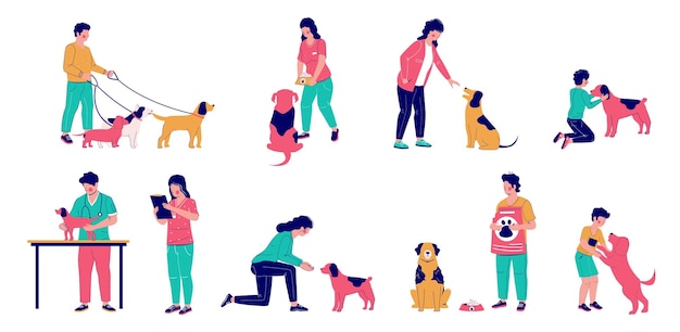 People with dogs flat vector isolated illustration