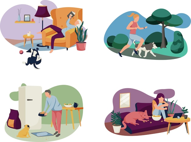 Vector people with dogs illustration set