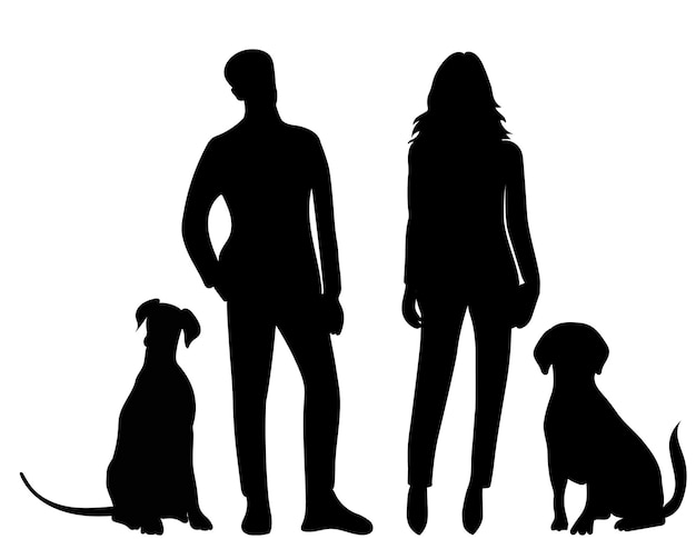 Persone con cani silhouette vettore isolato