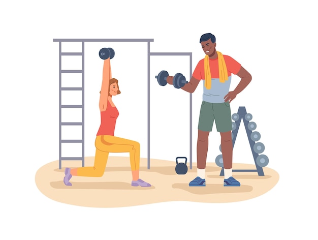 Vector people with dumbbells in gym working out exercises