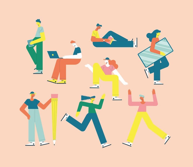 Vector people with education things symbol set on pink background