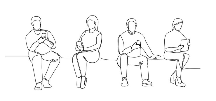 Vector people with gadgets continuous line art. man and woman using smartphones one line silhouette. mobile technologies. vector illustration