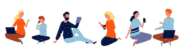 Persone con gadget. uomini donne si siedono e chiacchierano. le persone moderne isolate parlano insieme. illustrazione persone donna e uomo utilizzano dispositivo