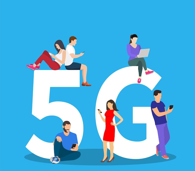 People with gadgets sitting on the big 5G symbol.