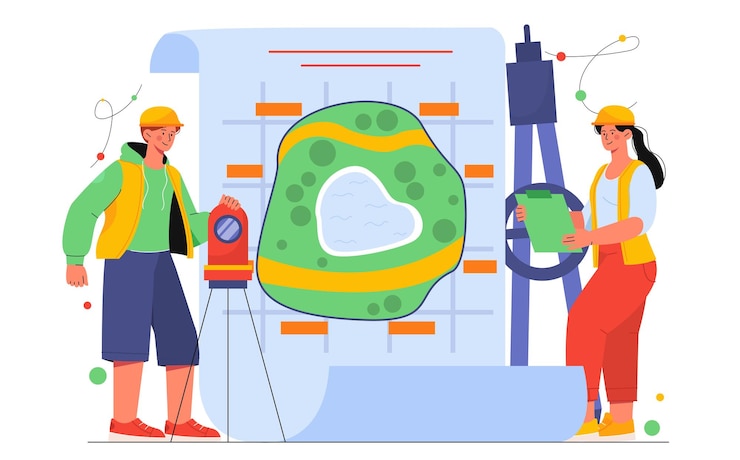 Vector people with geodesy science concept man and woman in protective helmets with equipment study soil scientific experiments in laboratory team with compass andmap cartoon flat vector illustration