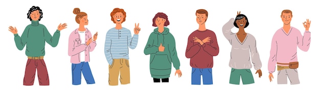 Vector people with gestures guys and girls speak with arm signs emotional students gesticulating greeting symbols approval or rejection standing persons showing hands garish vector set